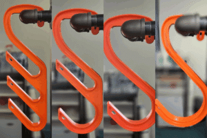 Four images of industrial orange hooks hanging from a wall, showcasing different sizes of the hooks.