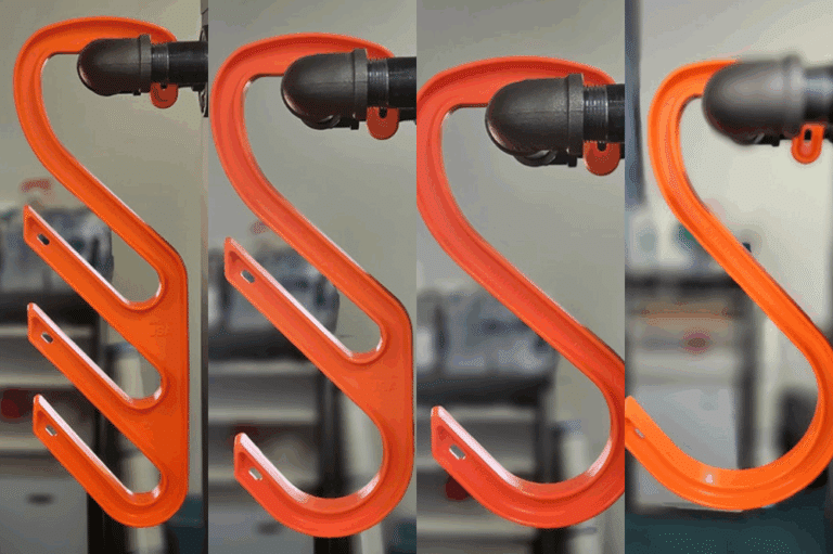 Four images of industrial orange hooks hanging from a wall, showcasing different sizes of the hooks.