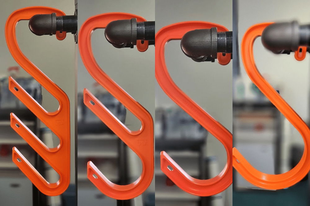 Four images of industrial orange hooks hanging from a wall, showcasing different sizes of the hooks.