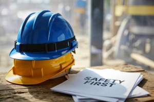 Safety helmet and a safety guidelines paper on a wooden table, emphasizing workplace safety protocols answering the question of "when does osha require a safety gate".