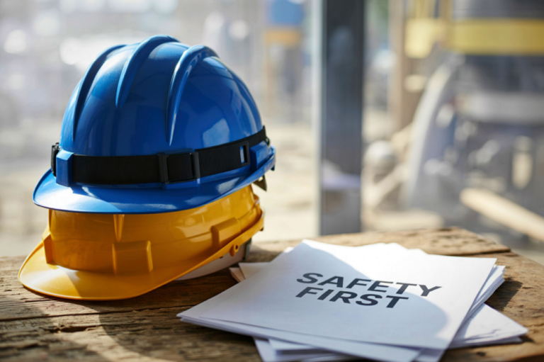Safety helmet and a safety guidelines paper on a wooden table, emphasizing workplace safety protocols answering the question of "when does osha require a safety gate".
